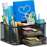 Marbrasse Mesh Desk Organizer, Pen Organizer with 2 Drawer, Multi-Functional Pencil Holder, Desk Organizers and Accessories with 5 Compartments + Drawer for Office Art Supplies (Black)