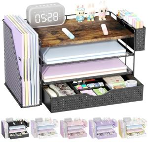 gianotter Wood Desk Organizers and Accessories with File Holder, 4-Tier Desk Accessories & Workspace Organizers with Drawer and Pen Holder, Paper Organizer for Office Supplies (Wood)