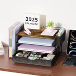 gianotter Wood Desk Organizers and Accessories with File Holder, 4-Tier Desk Accessories & Workspace Organizers with Drawer and Pen Holder, Paper Organizer for Office Supplies (Wood)