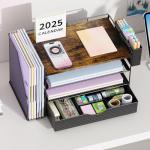 gianotter Wood Desk Organizers and Accessories with File Holder, 4-Tier Desk Accessories & Workspace Organizers with Drawer and Pen Holder, Paper Organizer for Office Supplies (Wood)