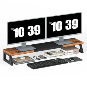 HOOBRO Dual Monitor Stand Riser, 39 Inch Large Computer Monitor Stand for 2 Monitors, Computer Monitor Riser, Desk Shelf Organizer for Office Desk, Accessories, Rustic Brown and Black BF121CJ01