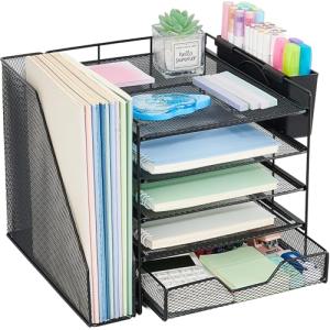 Gugsey Desk Organizer, 5-Tier Paper Letter Tray Organizer with File Holder, Drawer and Pen Holder, Desktop Organizer for Office Supplies, Black