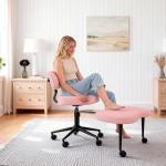 DUMOS Ergonomic ADHD Cross Legged Office Desk Chair with Adjustable Backrest, Height Adjustable Meditation Chair with 360° Swivel Footstool, Teddy Fabric Yoga Stool for Home Office, Pink
