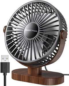 SWEETFULL 6.5 Inch USB Small Desk Fan, 3 Speeds Quiet Portable Desktop Table Fan, 360° Adjustment Personal Mini Fan for Home Office Car Outdoor Travel (Black wood grain)