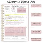Meeting Notebook for Work Organization - Work Planner Notebook with Action Items, Agenda Planner for Note Taking, 160 Pages (6.9" X 9.9") Project Organizer for Men & Women - Pink