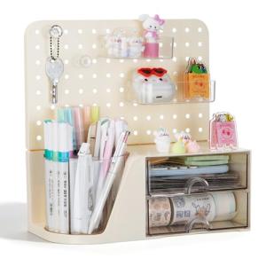 Comix Desk Organizer with 2 Drawer, Multifunctional Pen Holder for Desk, Desktop Organizer with Pegboard + Drawer + 5 Slots Pencil Holder for Office Home Art Supplies (White)
