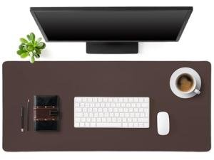 Tegeme Leather Desk Mat Large Desk Pad 35.4 x 15.7 Inch Non Slip Table Protector with Stitched Edges and Rubber Base Dark Brown Stylish Workspace Accessory Laptop Mat Smooth Writing for Home Office