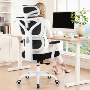 Ergonomic Office Chair High Back Desk Chair with Lumbar Support, Breathable Mesh Computer Chair with Adjustable Armrests Height, Reclining Swivel Big and Tall Gaming Chair for Home Office(White)