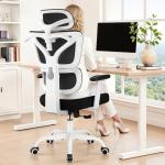 Ergonomic Office Chair High Back Desk Chair with Lumbar Support, Breathable Mesh Computer Chair with Adjustable Armrests Height, Reclining Swivel Big and Tall Gaming Chair for Home Office(White)