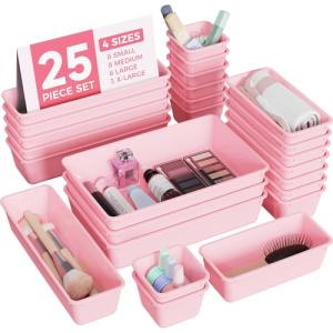 BiuLeon 25 PCS Plastic Drawer Organizers Set, 4-Sizes Vanity and Makeup Organizer, Desk and bathroom Drawer Organizer Trays, Organizers and Storage for Makeup, Jewelry, Gadgets, Utensils (Pink)