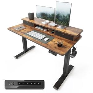 FEZIBO 48 x 24 Inch Height Adjustable Electric Standing Desk with Double Drawer, Stand Up Table with Storage Shelf, Sit Stand Desk, Rustic Brown