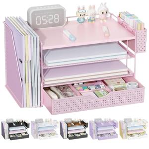 gianotter Wood Desk Organizers and Accessories with File Holder, 4-Tier Desk Accessories & Workspace Organizers with Drawer and Pen Holder, Paper Organizer for Office Supplies (Pink)