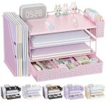gianotter Wood Desk Organizers and Accessories with File Holder, 4-Tier Desk Accessories & Workspace Organizers with Drawer and Pen Holder, Paper Organizer for Office Supplies (Pink)
