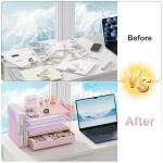 gianotter Wood Desk Organizers and Accessories with File Holder, 4-Tier Desk Accessories & Workspace Organizers with Drawer and Pen Holder, Paper Organizer for Office Supplies (Pink)