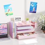 gianotter Wood Desk Organizers and Accessories with File Holder, 4-Tier Desk Accessories & Workspace Organizers with Drawer and Pen Holder, Paper Organizer for Office Supplies (Pink)