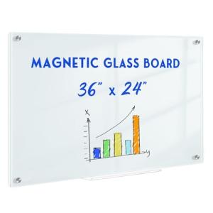 QUEENLINK Magnetic Glass Whiteboard for Wall, 36" x 24" Glass Dry Erase Board, Large Frameless White Board for Home and Office with 1 Marker Tray - Normal White