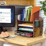 4-Tier Mesh Desk Organizer, Wooden Desk File Organizer with 5 Vertical File Holders and 2 Pen Holders, Desktop Organizers and Accessories with Drawer for Home Office