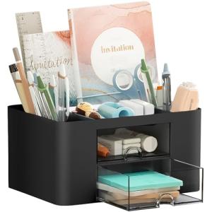 Marbrasse Pen Organizer with 2 Drawer, Multi-Functional Pencil Holder for Desk, Desk Organizers and Accessories with 5 Compartments + Drawer for Office Art Supplies (Black)