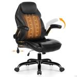 Office Desk Chair, Ergonomic Computer Chair with Padded Flip-Up Arms and Adjustable Lumbar Support, PU Leather Executive Chair with Tilt Lock and 360° Swivel Rolling Wheels for Work, Study