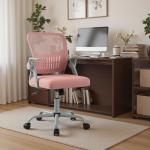 DUMOS Home Office Computer Chair - Ergonomic Mid Back Desk with Lumbar Support and Rocking Mode, Height Adjustable with Flip-up Armrest, for Conference Meeting Room, 360° Swivel, Adults, Pink