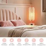 Hong-in Crystal Table Lamp - 3-Way Dimmable Touch Control, Rose Gold Bedside Lamp with USB C and A Ports, Nightstand Light for Living Room, Bedroom, Home Office (Bulb Included)