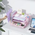 gianotter Desk Organizers and Accessories with File Holder, 4-Tier Desk Accessories & Workspace Organizers with Drawer and 2 Pen Holder, Paper Organizer for Office Supplies (Pink)