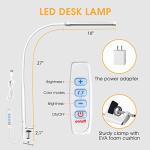 Voncerus LED Desk Lamp with Clamp, Eye-Caring Clip on Lights for Home Office, 3 Modes 10 Brightness, Long Flexible Goose-Neck, Metal, Swing Arm Architect Task Table Lamps with USB Adapter, White