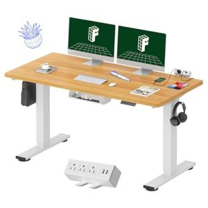 FLEXISPOT EN2 Whole-Piece Standing Desk with Clamp Power Strip, 55 x 28 Electric Stand Up Height Adjustable Desk with Cable Management (White Frame + 55" Maple Top, 2 Packages)