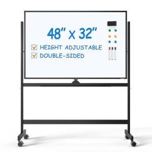 TSJ OFFICE Large Rolling Whiteboard - Dry Erase Magnetic 48 x 32 Inches White Board Height Adjust Double Sides Mobile Portable Easel on Wheels, Dry Erase Board with Stand for Office, Home & Classroom
