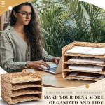 Yeaqee 4 Pcs Stackable Water Hyacinth Letter Tray, 13.4" L x 10" W x 2.4" H A4 File Paper Organizer, Woven Desk Storage Mail Basket for Office Home Magazine Document