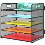 Letter Tray Paper Organizer 5-Tier Desk Organizer File Organizer Paper Holder with Handle, Metal Desktop Document Shelf Tray Office Classroom Organization - Black