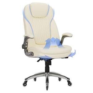 COLAMY Ergonomic High Back Office Chair, Ivory Bonded Leather Executive Desk Chair with Flip-up Arms, Thick Cushion, Silent Nylon Wheels, Adjustable Height & Rocking Function, 300lbs Capacity