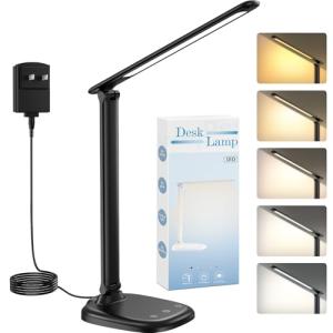 Desk Lamp with Charger, 10%-100% Stepless Dimmable & 5 Color Modes Study Lamp, Touch Control, 30-/60-minute Timer, USB Charging Output Port, CRI≥90, Eye-Caring Foldable LED Desk Lamps for Home Office