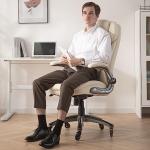 COLAMY Ergonomic High Back Office Chair, Ivory Bonded Leather Executive Desk Chair with Flip-up Arms, Thick Cushion, Silent Nylon Wheels, Adjustable Height & Rocking Function, 300lbs Capacity