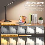 Desk Lamp with Charger, 10%-100% Stepless Dimmable & 5 Color Modes Study Lamp, Touch Control, 30-/60-minute Timer, USB Charging Output Port, CRI≥90, Eye-Caring Foldable LED Desk Lamps for Home Office