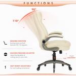 COLAMY Ergonomic High Back Office Chair, Ivory Bonded Leather Executive Desk Chair with Flip-up Arms, Thick Cushion, Silent Nylon Wheels, Adjustable Height & Rocking Function, 300lbs Capacity