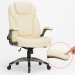 COLAMY Ergonomic High Back Office Chair, Ivory Bonded Leather Executive Desk Chair with Flip-up Arms, Thick Cushion, Silent Nylon Wheels, Adjustable Height & Rocking Function, 300lbs Capacity