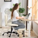 YFO Ergonomic Cross Legged Office Chair and ADHD Meditation Chair with Silent Wheels for Home Office Desk Chair and Yoga, Wider Backrest Support and Storage Pockets Design, PU Leather, Cream