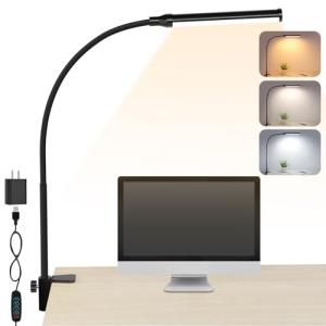 ShineTech LED Desk Lamp with Clamp, Clip On Desk Lamp for Home Office, 3 Color Modes & Stepless Dimming, Flexible Gooseneck Architect Desk Light, Eye Caring Reading Lamp with USB Adapter