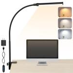 ShineTech LED Desk Lamp with Clamp, Clip On Desk Lamp for Home Office, 3 Color Modes & Stepless Dimming, Flexible Gooseneck Architect Desk Light, Eye Caring Reading Lamp with USB Adapter