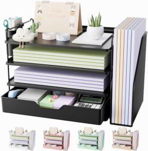 Kitsure Desk Organizer - 4-Tier Office Desk Accessories with Drawer ＆ Pen Holder, Tool-Free Assembly Organizer with Non-Slip Pads, for Office Supplies Storage, Plastic, 13.3" x 8.0" x 10.8", Black