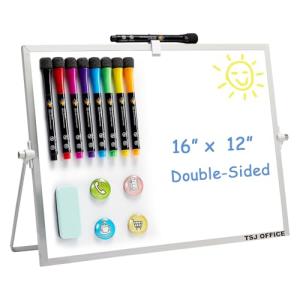 TSJ OFFICE Small White Board - 12 X 16 Inches Small Magnetic Dry Erase Board with Hooks for Wall, Desktop Whiteboard Stand 360 Degrees Revolving Double Sided for Office, Home, School, Silver