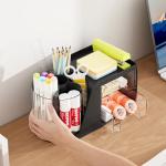 Marbrasse Desk Organizer with 2 Drawer, 360°Rotating Pen Holder, Desk Organizers and Accessories with 6 Slots Pencil Holder + 2 Drawer, Art Supply Storage Box Caddy for Office (Black)