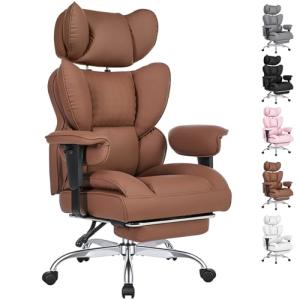 DUMOS Big and Tall Home Office Desk Chair, Gaming Computer Chair, Executive Ergonomic Chair with Footrest, High Back Reclining, Adjustable Armrests and Comfy Lumbar Support, PU Leather, Brown