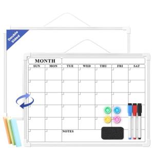 Lumspax Monthly Whiteboard Calendar for Wall, Small 16" x 12" Dry Erase Board with Plastic Frame, Hanging Dry Erase Calendar with 3 Mini Sticky Notes for Kitchen Planner, Memo, Home and Office