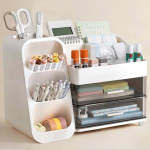 HBlife Desk Organizer with Pen Pencil Holder for Desk, Pen Organizer with 2 Drawers, Desk Organizers and Accessories with 4 Compartments, Desktop Storage for Office Home School Art Supplies, White