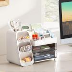 HBlife Desk Organizer with Pen Pencil Holder for Desk, Pen Organizer with 2 Drawers, Desk Organizers and Accessories with 4 Compartments, Desktop Storage for Office Home School Art Supplies, White
