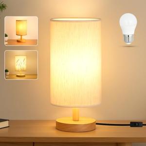 EZIYIN Desk Lamp LED Bulb Included, Small Bedside Table Lamp Plug-in - Classic Wood Base with Flaxen Fabric Shade, Lamps for Night Stands, Simple Nightstand Light for Bedroom, Office, Desk