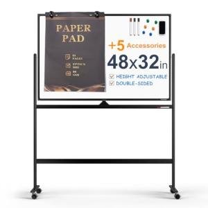 Large Dry-Erase Rolling Magnetic Whiteboard - 48 x 32 Inches Dry Erase Board with Stand Height Adjust Double Sides Mobile White Board Easel on Wheels with 25 Sheets Paper Pad Office, Home & Classroom