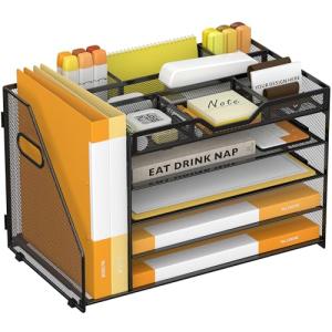 OrgMate 5 Tier Paper Letter Tray with File Holder and 3 Drop-in Pen Holders, Mesh Desk File Organizer with Handle, Desk Organizers and Accessories for School,Home, Office Supplies Storage-Black